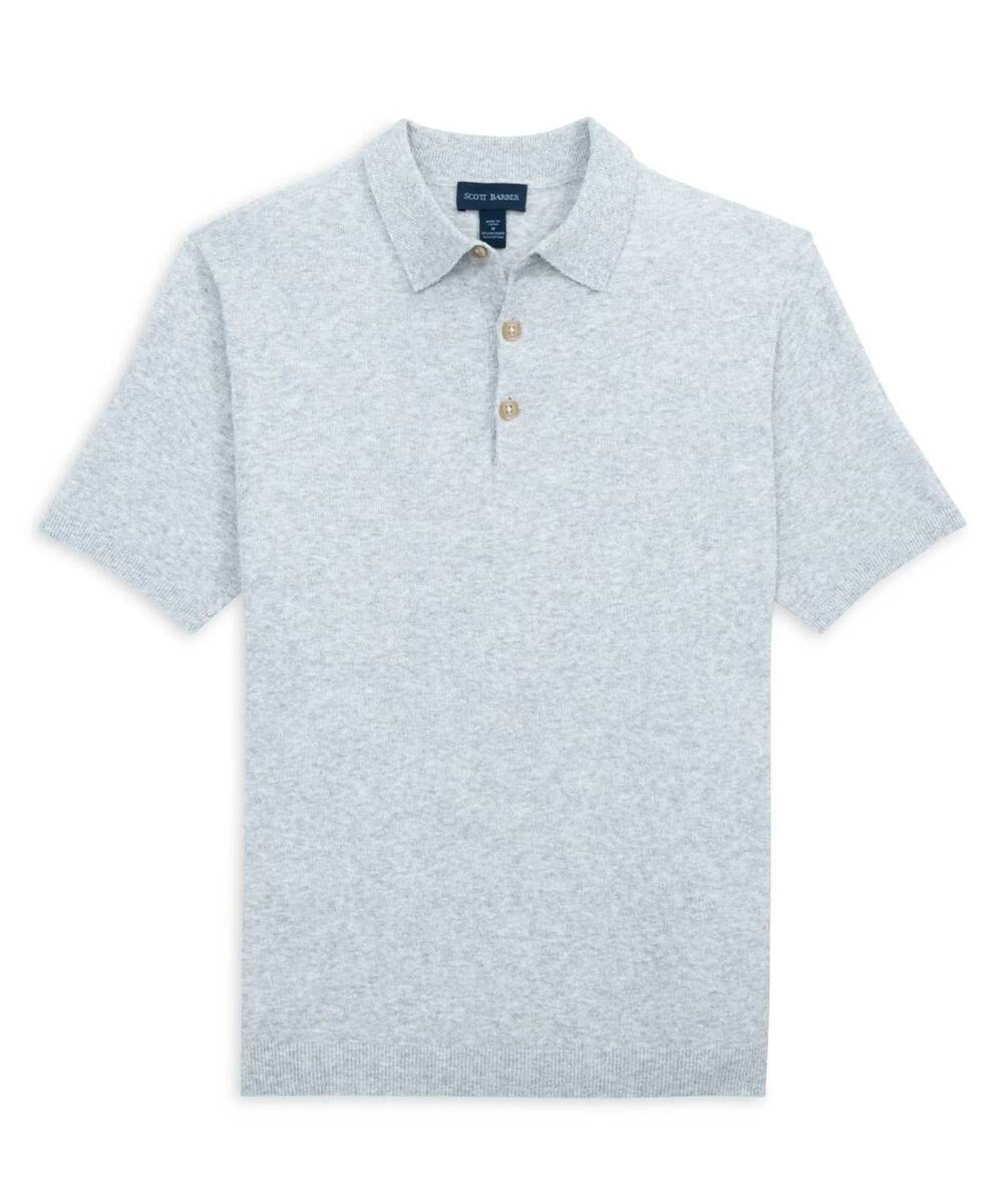 NEW SCOTT BARBER men's fine gauge bouclé knit polo shirt in silver